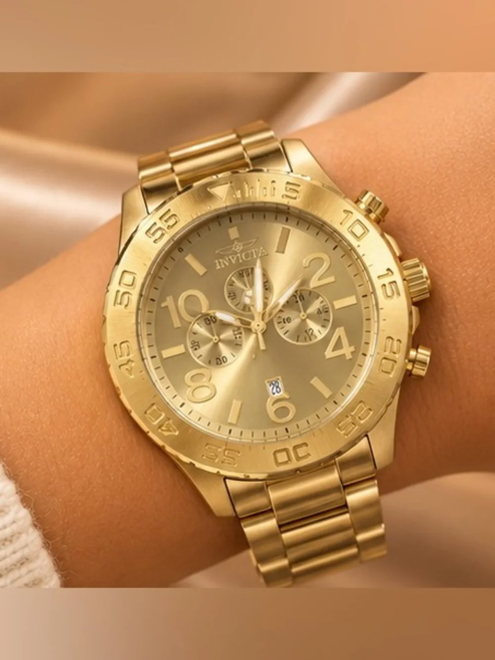 Men’s Gold Tone Chronograph Style Watch Large Dial Stainless Steel Look